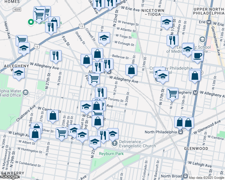 map of restaurants, bars, coffee shops, grocery stores, and more near 2101 West Clearfield Street in Philadelphia