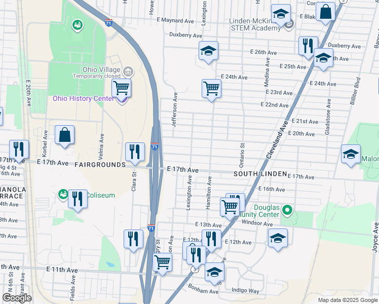 map of restaurants, bars, coffee shops, grocery stores, and more near 978 East 18th Avenue in Columbus