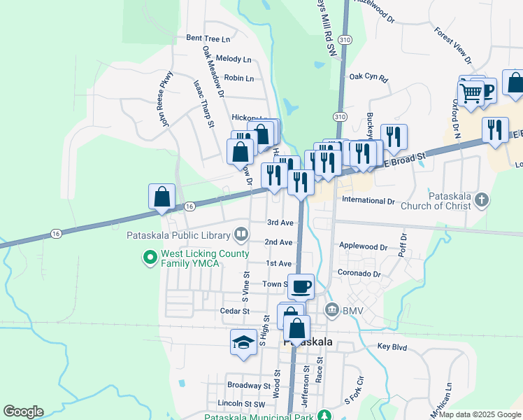 map of restaurants, bars, coffee shops, grocery stores, and more near 53 Beeson Avenue in Pataskala
