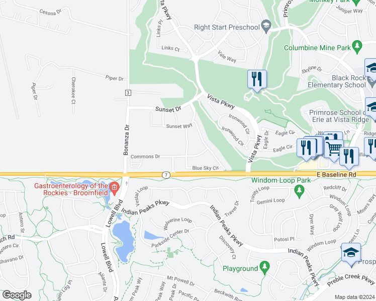 map of restaurants, bars, coffee shops, grocery stores, and more near 1495 Blue Sky Way in Erie