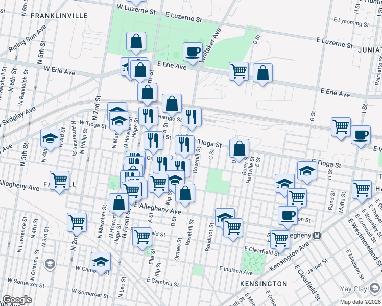 map of restaurants, bars, coffee shops, grocery stores, and more near 3439 B Street in Philadelphia