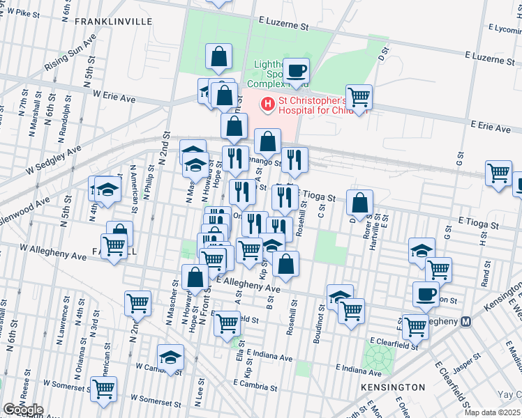 map of restaurants, bars, coffee shops, grocery stores, and more near 3420 Ella Street in Philadelphia