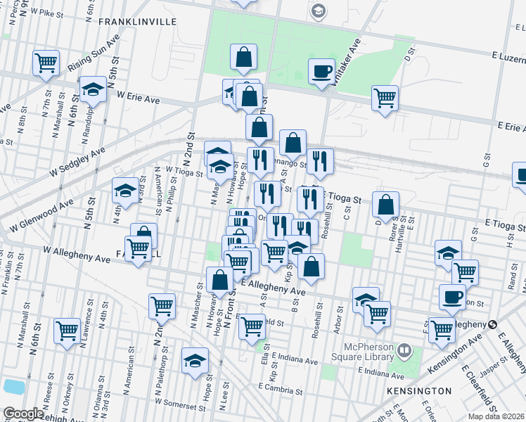 map of restaurants, bars, coffee shops, grocery stores, and more near 3420 North Water Street in Philadelphia