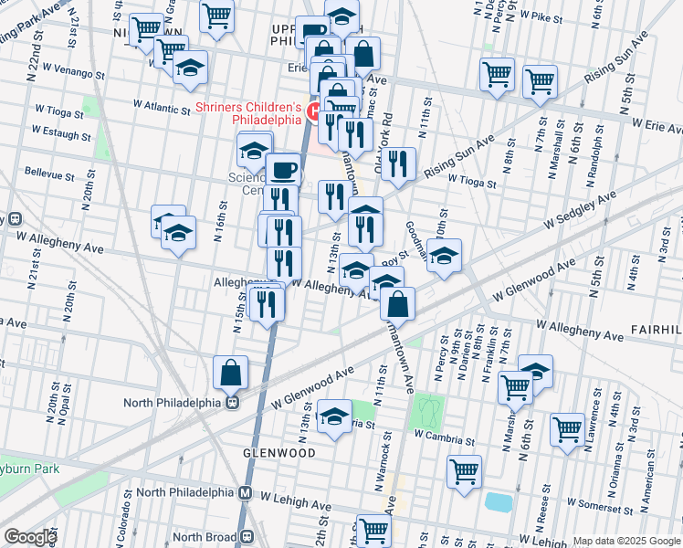 map of restaurants, bars, coffee shops, grocery stores, and more near 1239 West Hilton Street in Philadelphia