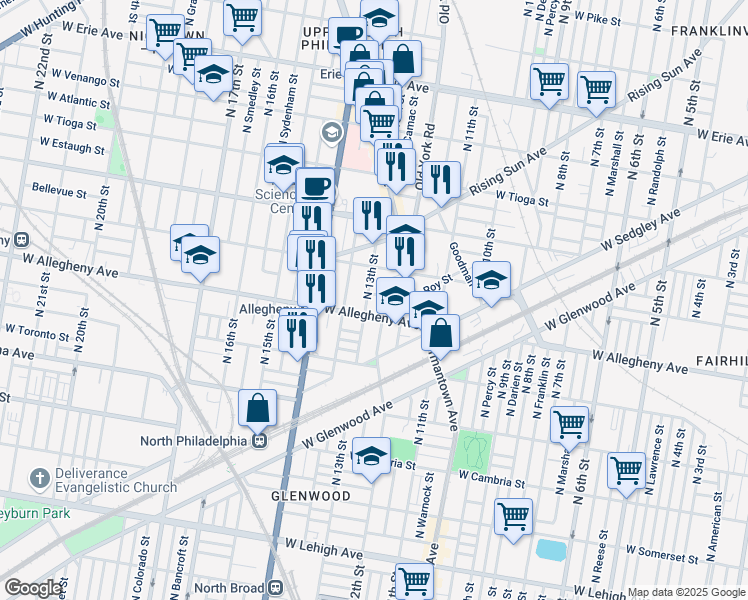 map of restaurants, bars, coffee shops, grocery stores, and more near 1239 West Hilton Street in Philadelphia