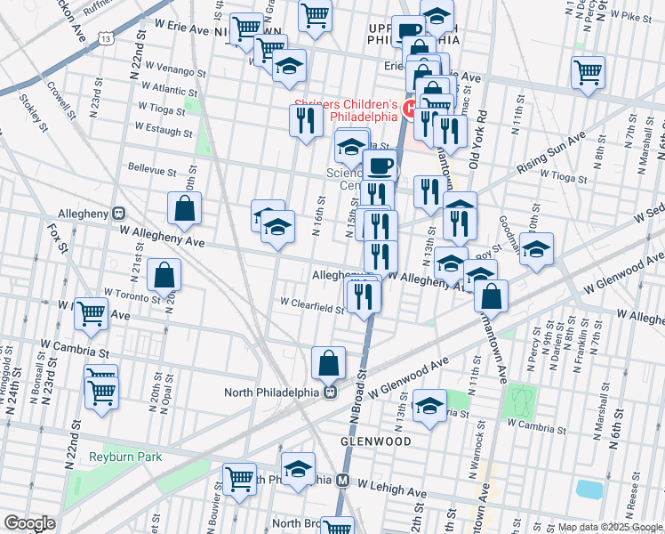 map of restaurants, bars, coffee shops, grocery stores, and more near 1511 West Allegheny Avenue in Philadelphia
