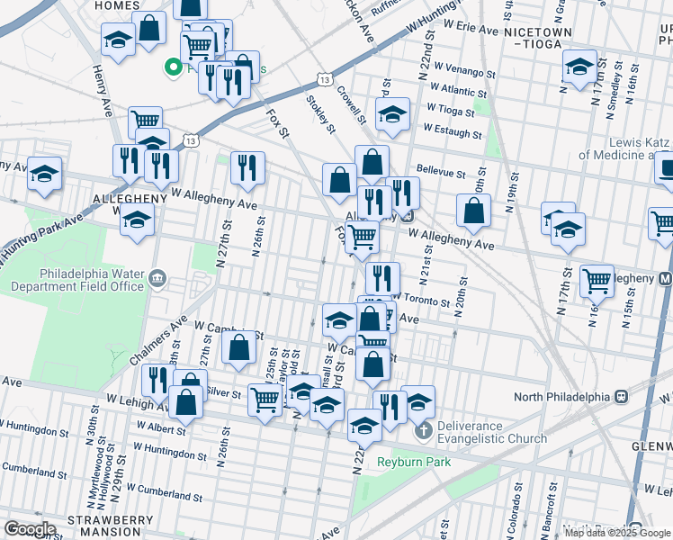 map of restaurants, bars, coffee shops, grocery stores, and more near 2400 West Clearfield Street in Philadelphia