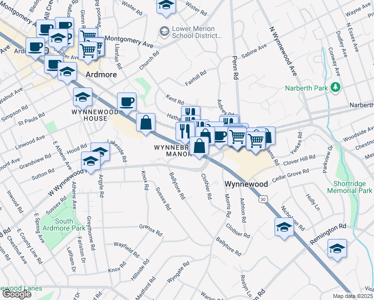 map of restaurants, bars, coffee shops, grocery stores, and more near 339 East Lancaster Avenue in Ardmore