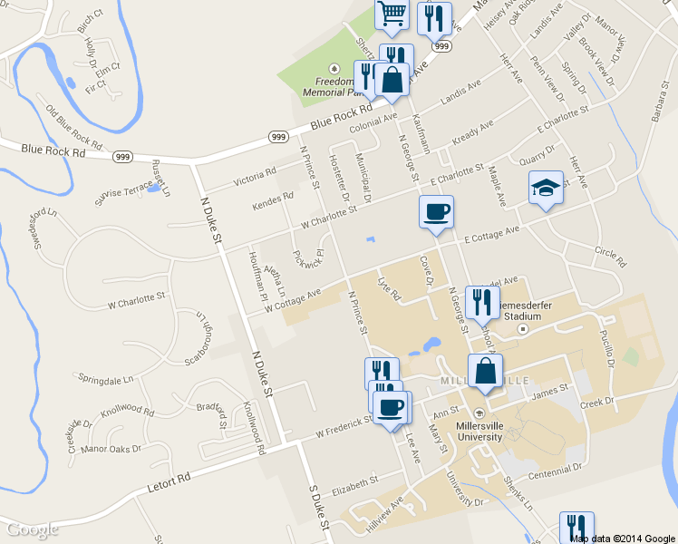 map of restaurants, bars, coffee shops, grocery stores, and more near 310 North Prince Street in Millersville