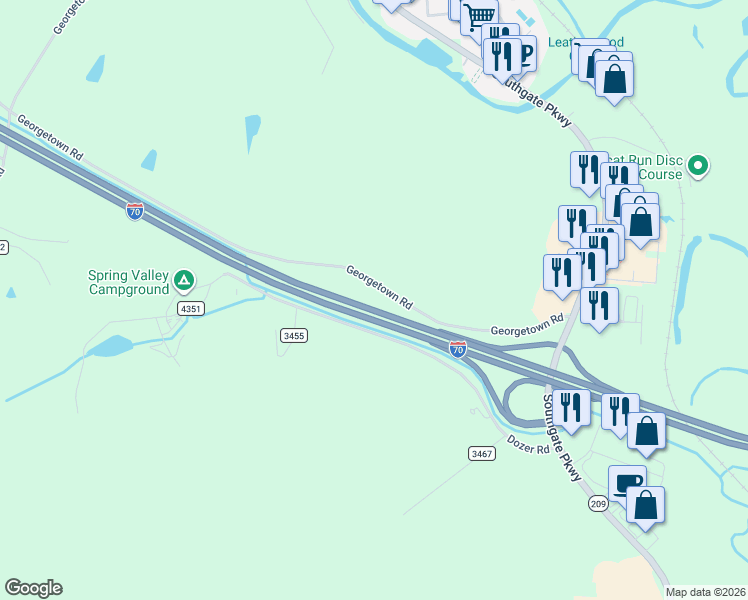 map of restaurants, bars, coffee shops, grocery stores, and more near Interstate 70 in Cambridge