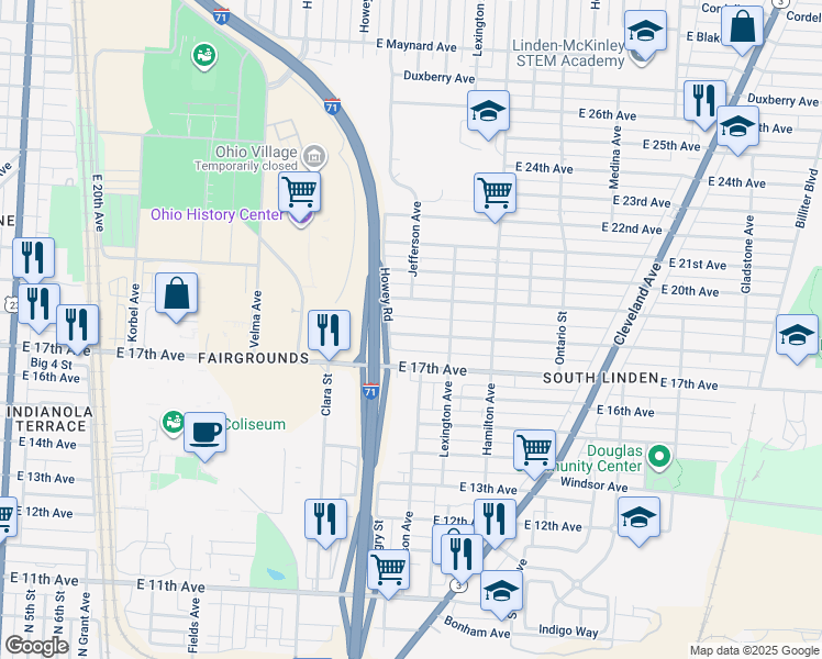 map of restaurants, bars, coffee shops, grocery stores, and more near 930 East 18th Avenue in Columbus