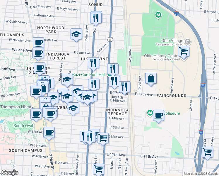 map of restaurants, bars, coffee shops, grocery stores, and more near in Columbus