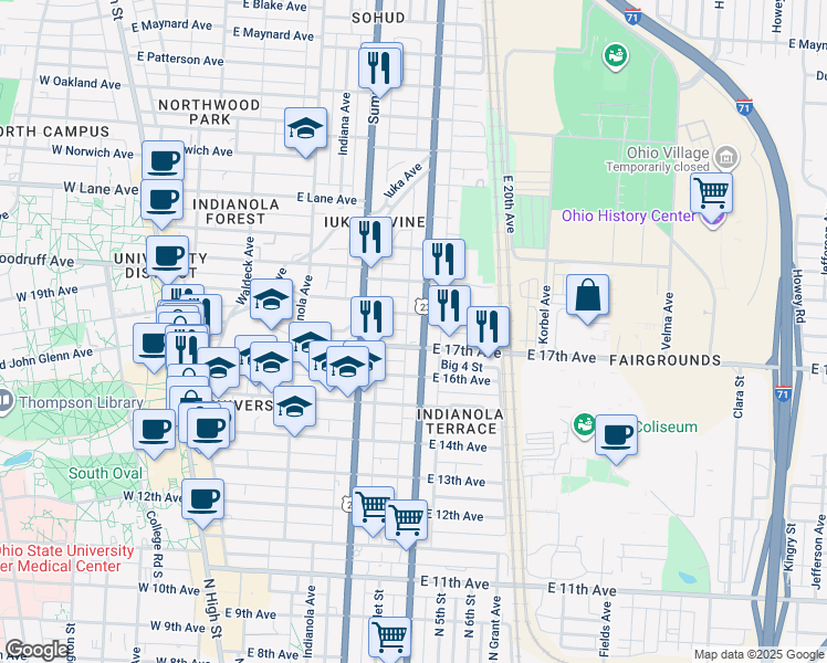 map of restaurants, bars, coffee shops, grocery stores, and more near 331 East 18th Avenue in Columbus
