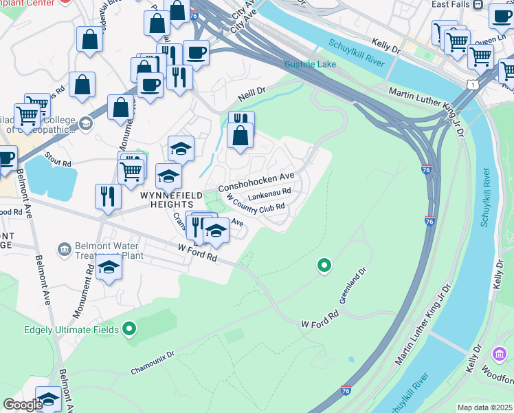 map of restaurants, bars, coffee shops, grocery stores, and more near 3761 West Country Club Road in Philadelphia