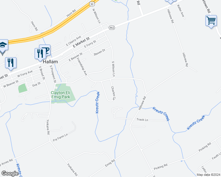 map of restaurants, bars, coffee shops, grocery stores, and more near 135 Charles Circle in Hallam