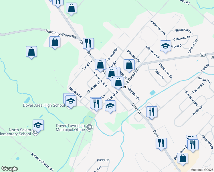 map of restaurants, bars, coffee shops, grocery stores, and more near 30 North Reservoir Drive in Dover