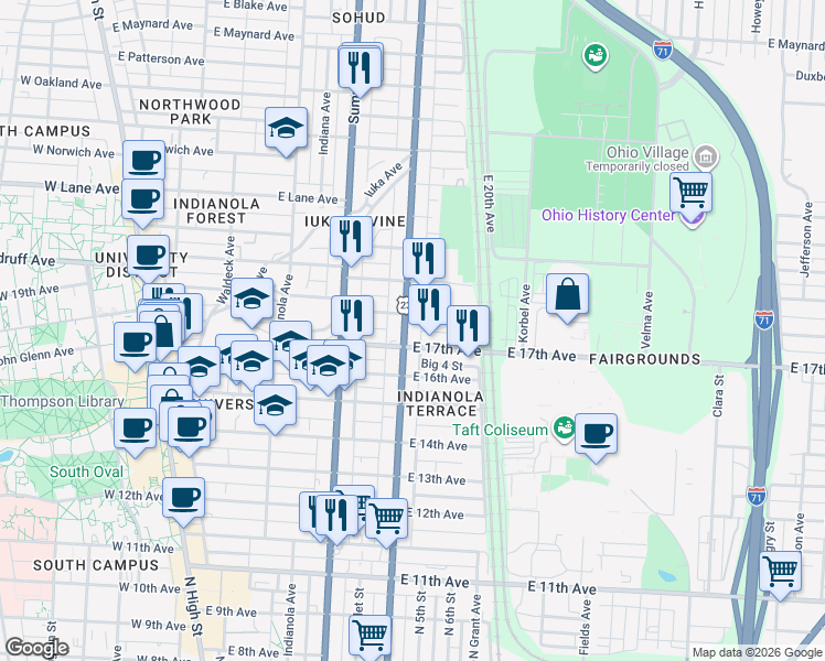 map of restaurants, bars, coffee shops, grocery stores, and more near 1888 North 4th Street in Columbus