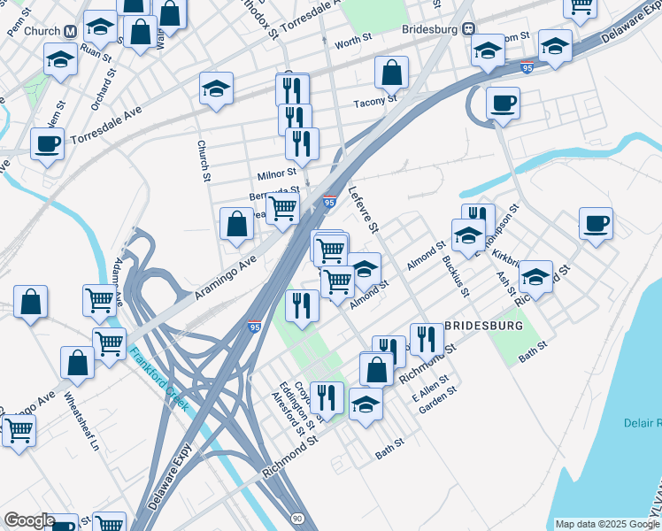map of restaurants, bars, coffee shops, grocery stores, and more near 2533 Orthodox St in Philadelphia