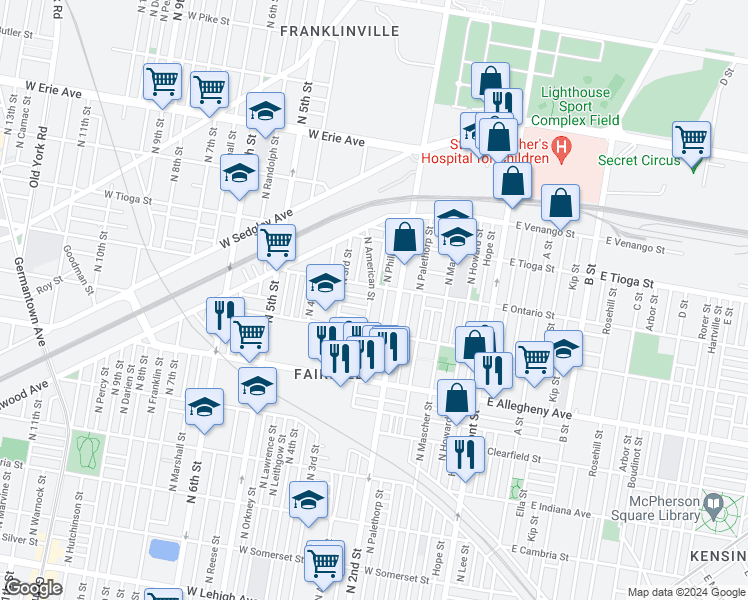 map of restaurants, bars, coffee shops, grocery stores, and more near 3349 North American Street in Philadelphia