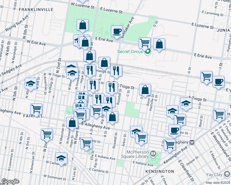 map of restaurants, bars, coffee shops, grocery stores, and more near 3439 B Street in Philadelphia