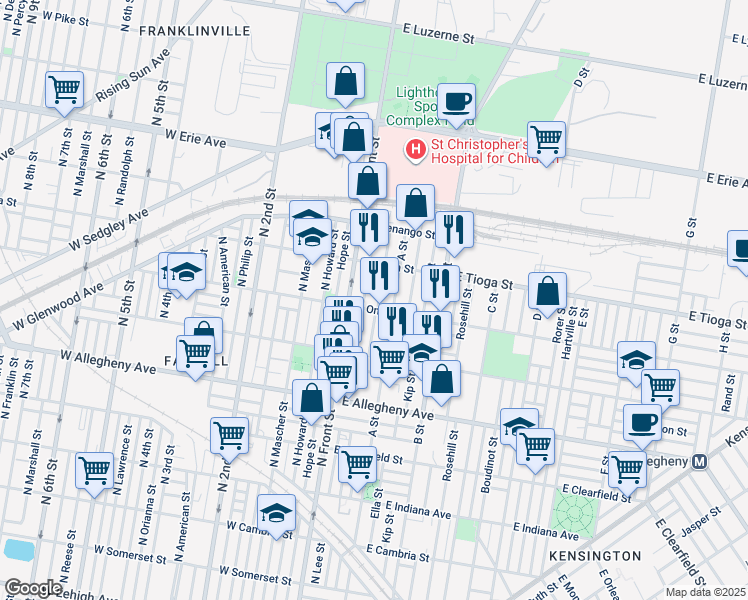 map of restaurants, bars, coffee shops, grocery stores, and more near 3412 North Water Street in Philadelphia