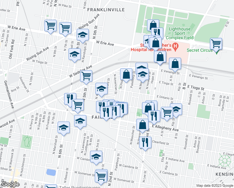 map of restaurants, bars, coffee shops, grocery stores, and more near 3349 North American Street in Philadelphia