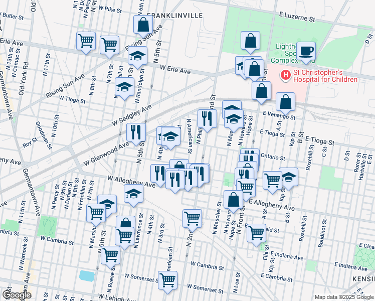 map of restaurants, bars, coffee shops, grocery stores, and more near 234 West Thayer Street in Philadelphia