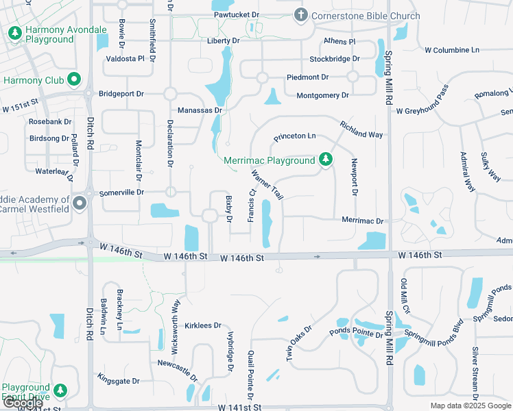 map of restaurants, bars, coffee shops, grocery stores, and more near 14739 Francis Court in Westfield