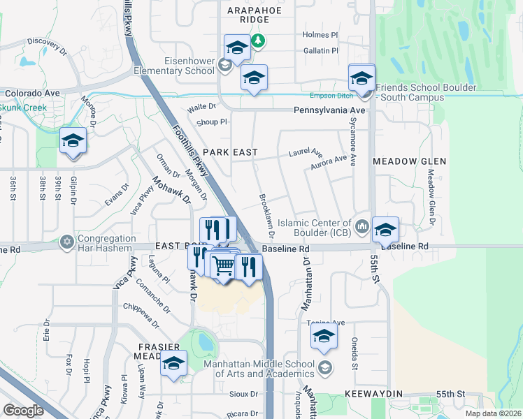 map of restaurants, bars, coffee shops, grocery stores, and more near 707 Brooklawn Drive in Boulder
