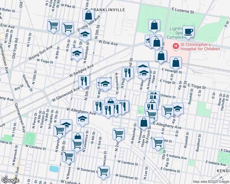 map of restaurants, bars, coffee shops, grocery stores, and more near 236 West Thayer Street in Philadelphia
