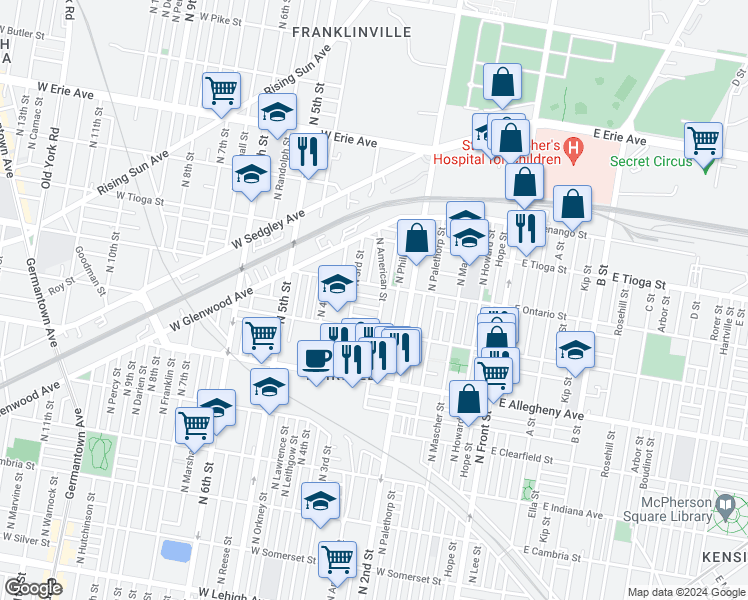 map of restaurants, bars, coffee shops, grocery stores, and more near 238 West Thayer Street in Philadelphia