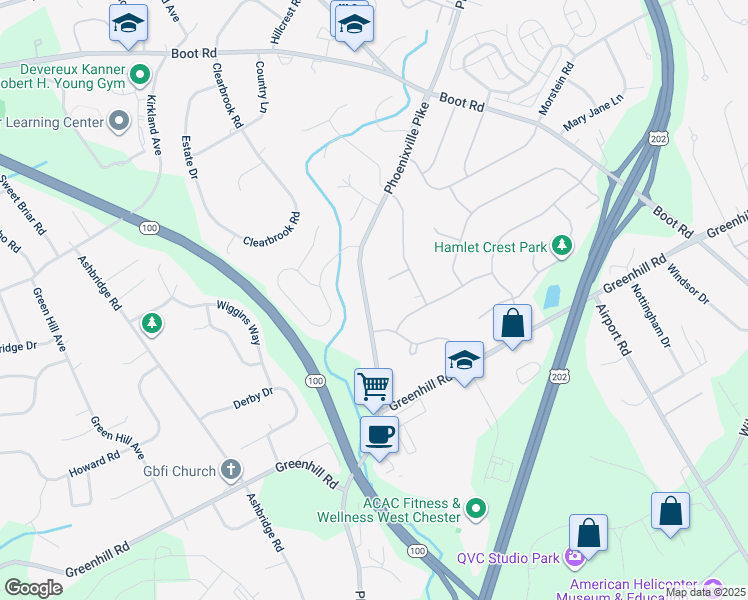 map of restaurants, bars, coffee shops, grocery stores, and more near 1223 Phoenixville Pike in West Chester