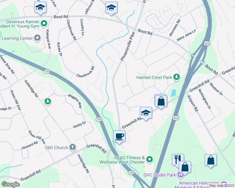 map of restaurants, bars, coffee shops, grocery stores, and more near 1223 Phoenixville Pike in West Chester
