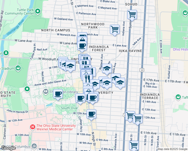 map of restaurants, bars, coffee shops, grocery stores, and more near 57 East 17th Avenue in Columbus