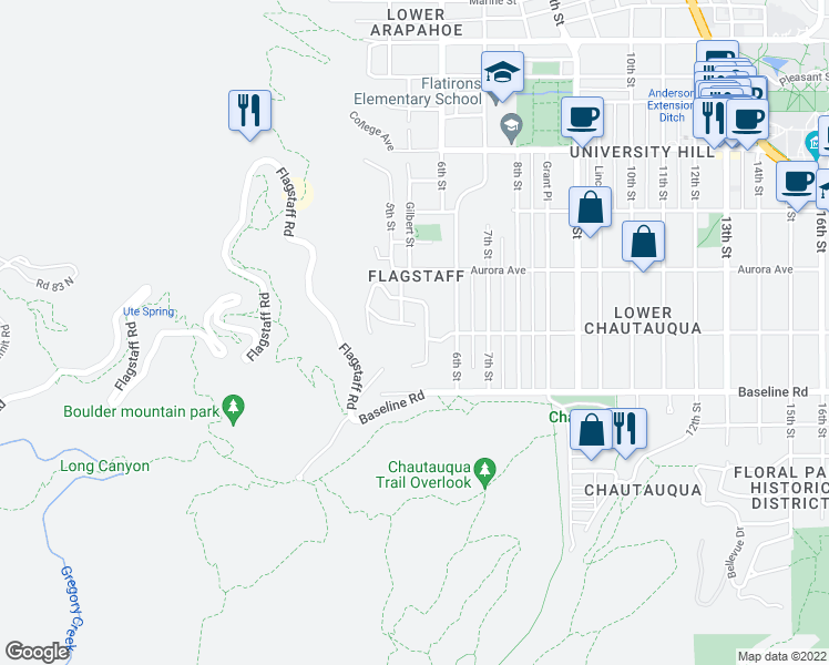 map of restaurants, bars, coffee shops, grocery stores, and more near 440 Christmas Tree Drive in Boulder