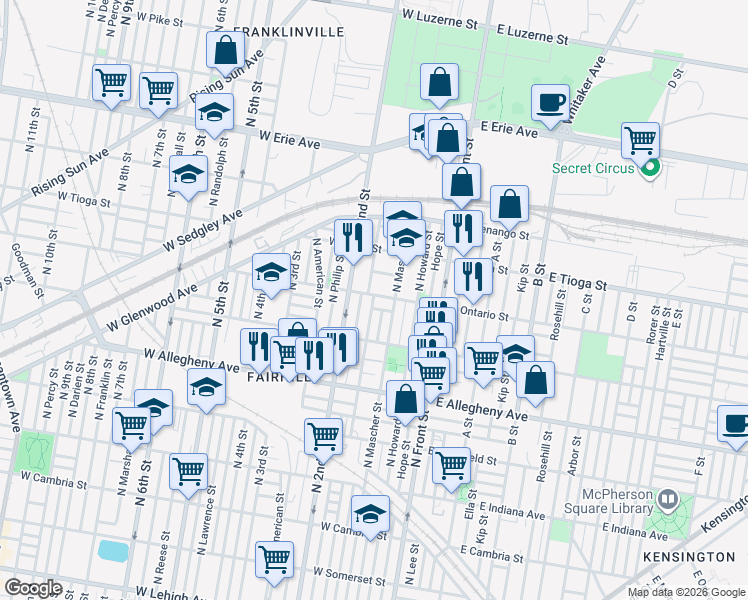 map of restaurants, bars, coffee shops, grocery stores, and more near 190 West Ontario Street in Philadelphia