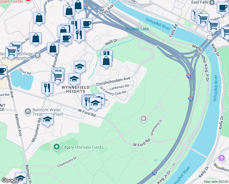 map of restaurants, bars, coffee shops, grocery stores, and more near 3751 West Country Club Road in Philadelphia