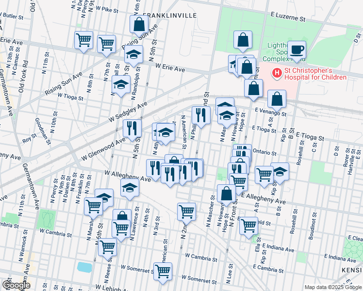 map of restaurants, bars, coffee shops, grocery stores, and more near 236 West Thayer Street in Philadelphia