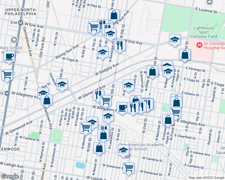 map of restaurants, bars, coffee shops, grocery stores, and more near West Cornwall Street in Philadelphia