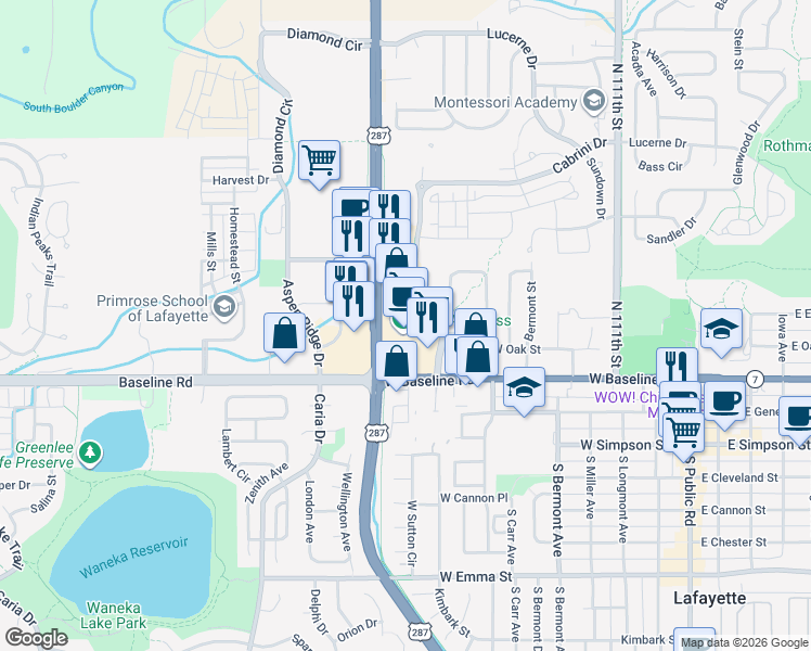map of restaurants, bars, coffee shops, grocery stores, and more near 480 U.S. 287 in Lafayette