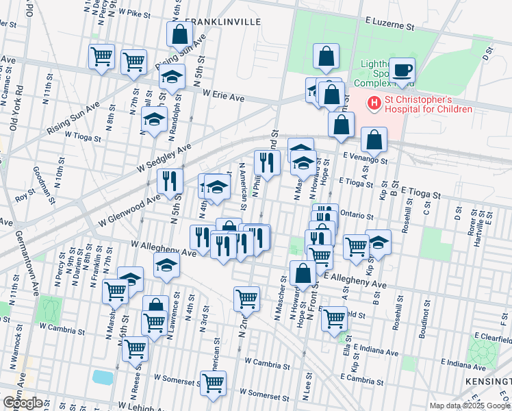 map of restaurants, bars, coffee shops, grocery stores, and more near 3359 North Philip Street in Philadelphia