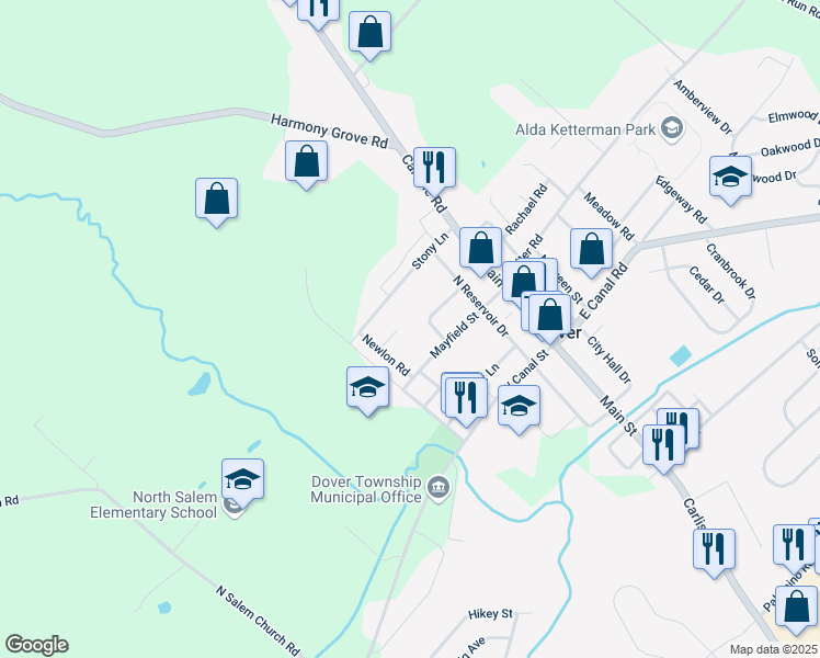 map of restaurants, bars, coffee shops, grocery stores, and more near 52 Mulberry Court in Dover