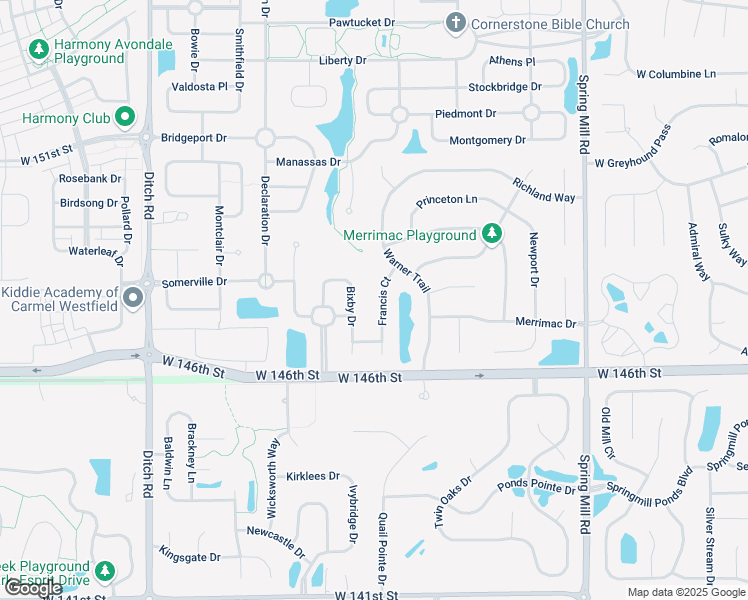 map of restaurants, bars, coffee shops, grocery stores, and more near 14739 Francis Court in Westfield