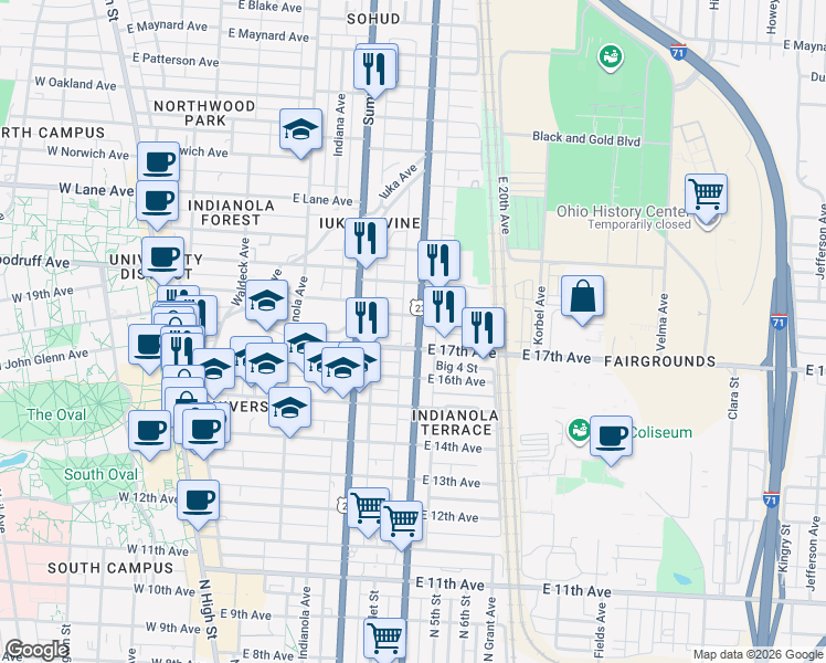 map of restaurants, bars, coffee shops, grocery stores, and more near 1887 North 4th Street in Columbus