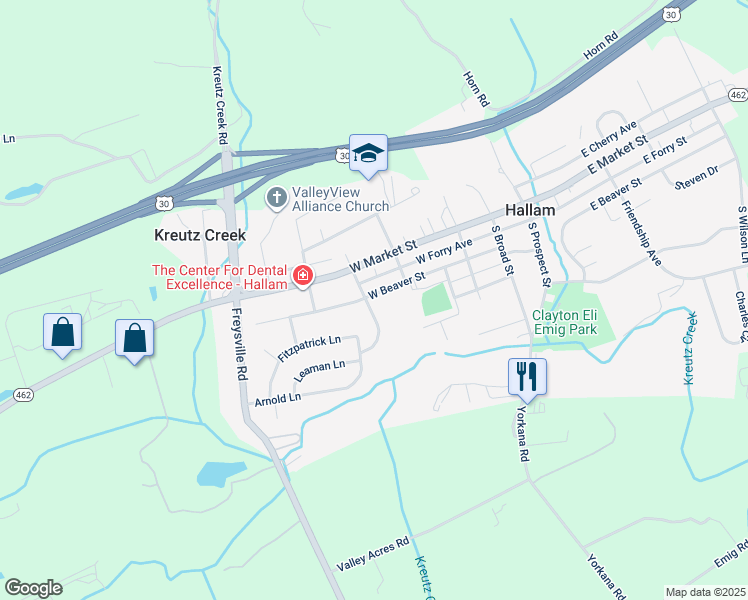 map of restaurants, bars, coffee shops, grocery stores, and more near 105 Emig Street in Hallam
