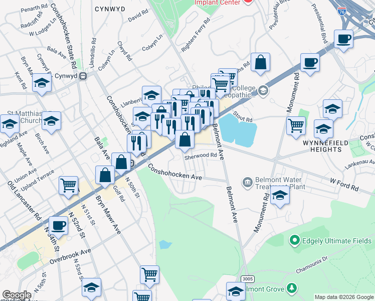 map of restaurants, bars, coffee shops, grocery stores, and more near 2801 North 47th Street in Philadelphia