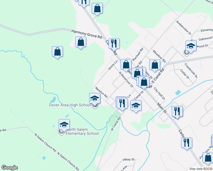 map of restaurants, bars, coffee shops, grocery stores, and more near 52 Mulberry Court in Dover