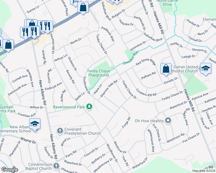 map of restaurants, bars, coffee shops, grocery stores, and more near 216 Sharrow Vale Road in Delran