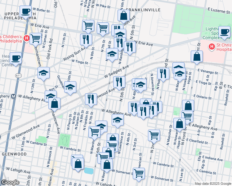 map of restaurants, bars, coffee shops, grocery stores, and more near 528 West Cornwall Street in Philadelphia