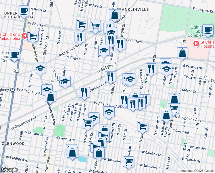 map of restaurants, bars, coffee shops, grocery stores, and more near 528 West Cornwall Street in Philadelphia